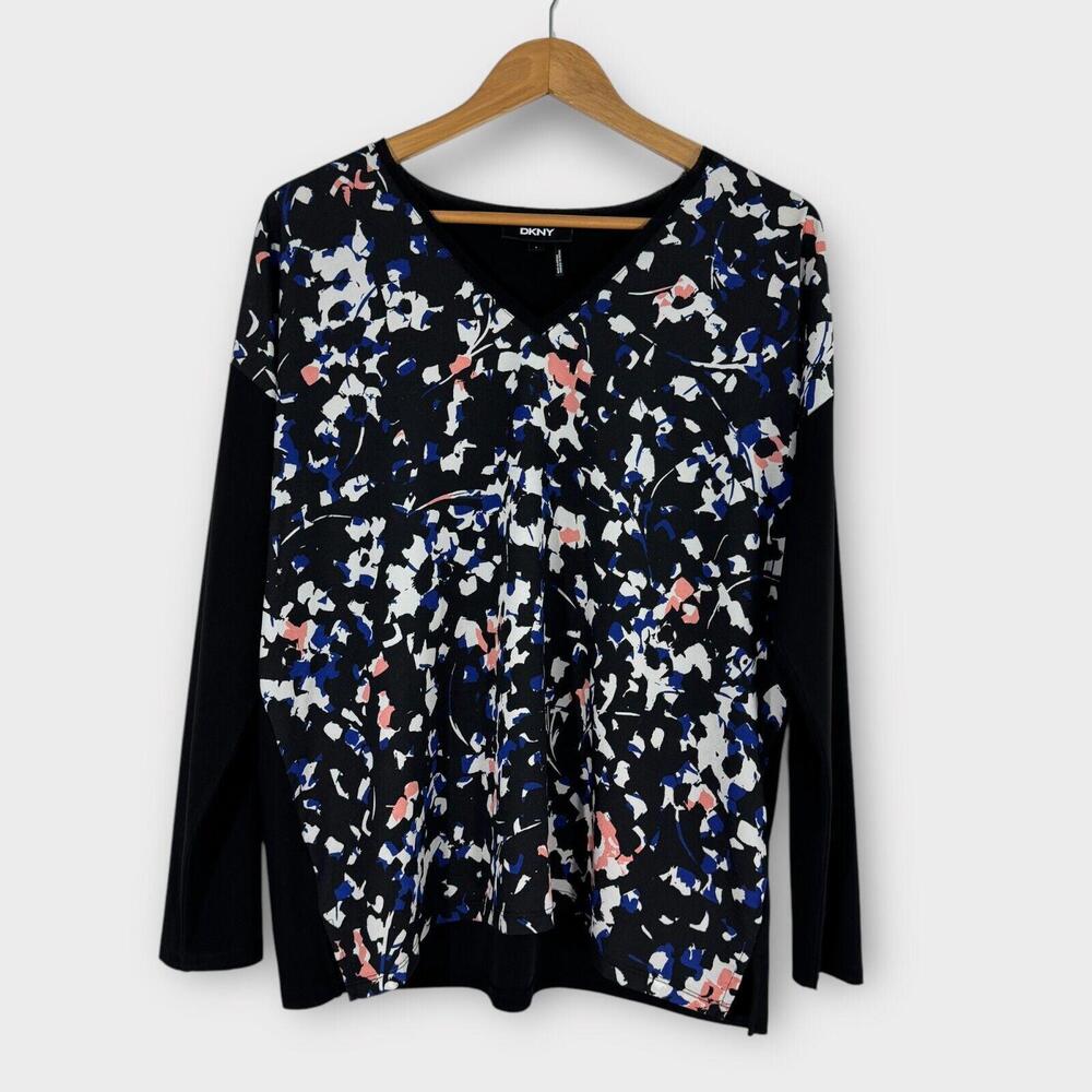DKNY Women’s Size Small Black Blue Floral Print Mixed Media V Neck Blouse Top